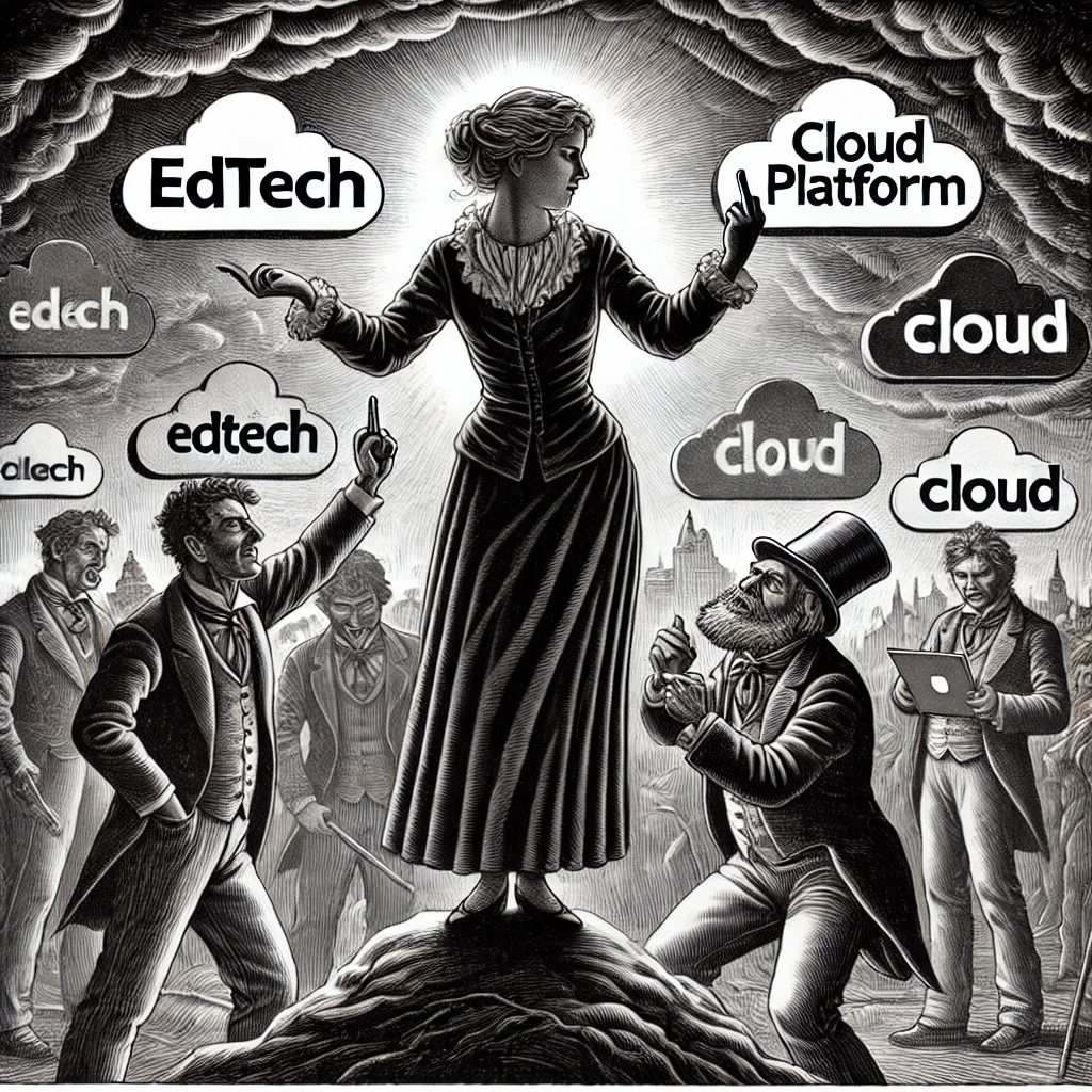 prompt%3A%20%22a%20woman%20teacher%20shows%20a%20raised%20middle%20finger%20to%20EdTech%20industry%2C%20cloud%20platfrom%20business%20men%20and%20other%20educational%20snake-oil%20sellers%22